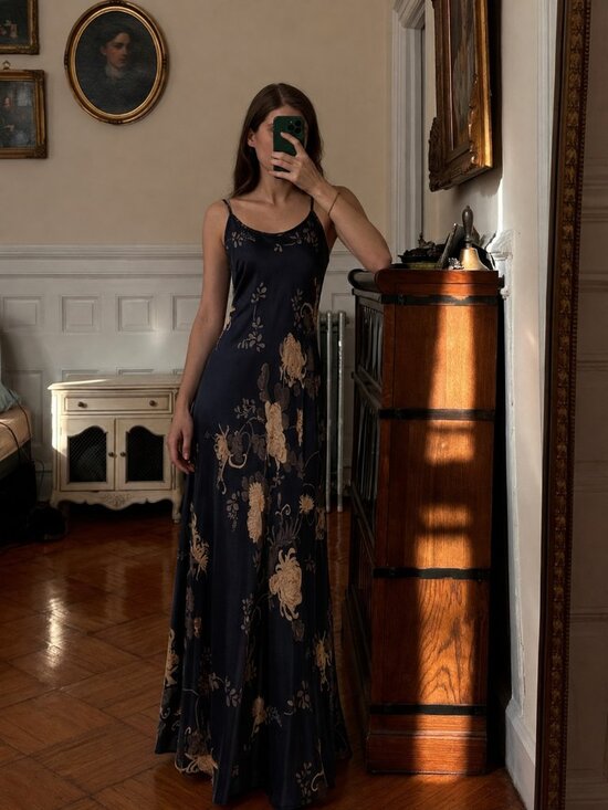 Vintage Dresses & Skirts - Silk Floral Maxi Dress Size Small Black Tan Lightweight Formal (u)